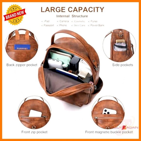 Mini Backpack Purse Waterproof Vegan Leather Adjustable Straps 8 Compartments main image 6